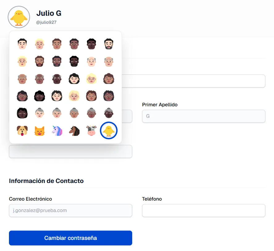 Interfaz de personalización de perfil en UR-Pass